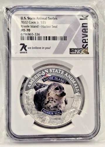 2022年 クック諸島 1オンス シルバー 5ドル 米国州動物シリーズ ゼニガタアザラシ NGC MS70 7k