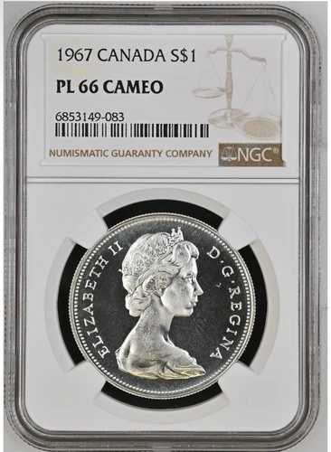 1967 年 1 ドルカナダ - エリザベス 2 世ドル - NGC PL 66 カメオ - 銀貨 672,514 枚。