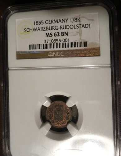 1855 ドイツ シュヴァルツブルク ルドルシュタット 1/8 クロイツァー NGC MS 62 BN