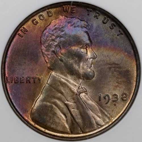 1938年 1セント リンカーン・ウィート・セント - NGC MS 65 RB モンスタートーン