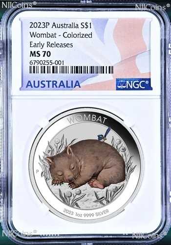 2023年 P オーストラリア ウォンバット 1オンス シルバーカラーコイン NGC MS 70 $1 国旗 ERラベル|WORLD RESOURCE【QUEEN店】