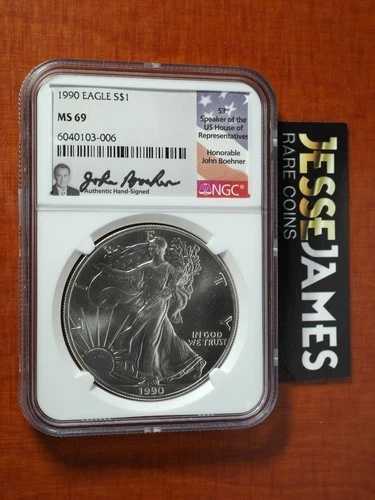 1990年 $1 アメリカン シルバー イーグル NGC MS69 ジョン・ボーナー直筆サイン入り旗ラベル