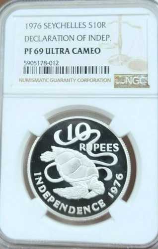 1976年 セイシェル シルバー 10ルピー インディペンデンス NGC PF 69 ウルトラカメオ トップポップ