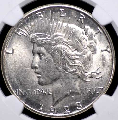 1923年 ピースドル NGC MS 62 オリジナル、フロスティ、わずかにグレーがかった白、ソフト