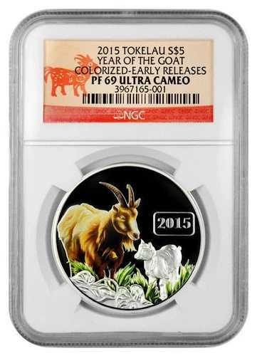 希少 2015年 トケラウ ラージ 1オンス 999 シルバー カラープルーフ 1ドル ヤギ年 - NGC 69 UC