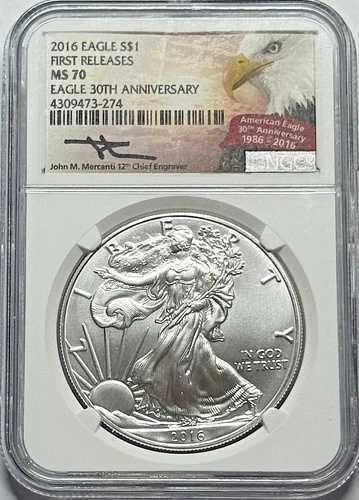 2016年 1ドル銀貨アメリカンイーグル ファーストリリース NGC MS70 ジョン・マーカンティ直筆サイン入り