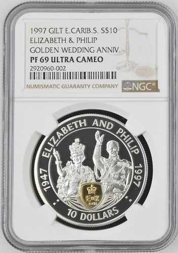 1997 年 東カリブ諸国 シルバー エリザベス & フィリップ S$10 NGC PF69 UC トップポップ!