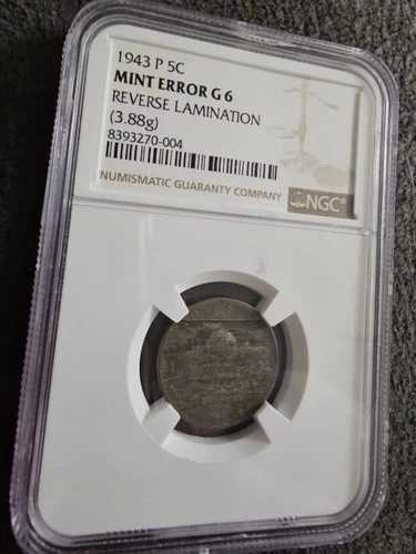 1943-P ジェファーソン シルバー ウォー ニッケル NGC G6 ミント エラー リバースラミネーション