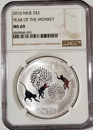 2016 1オンス シルバー $2 ニウエ 申年 NGC MS69 コイン。