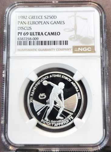1982年 ギリシャ シルバー 250 ドラクマ 円盤投げ NGC PF 69 ウルトラカメオ レア トップポップ