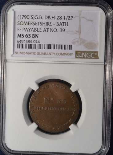 1790年代 G.B. D&H-28 1/2P サマセットシャー・バース E: NO.39 NGC MS63BN で購入可能