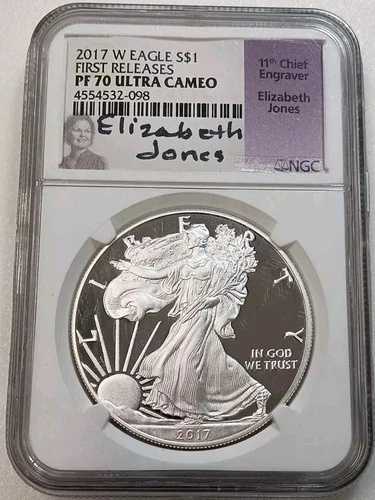 2017-W アメリカン シルバー イーグル FDOI 署名 エリザベス ジョーンズ PF70 UCAM NGC #532-098