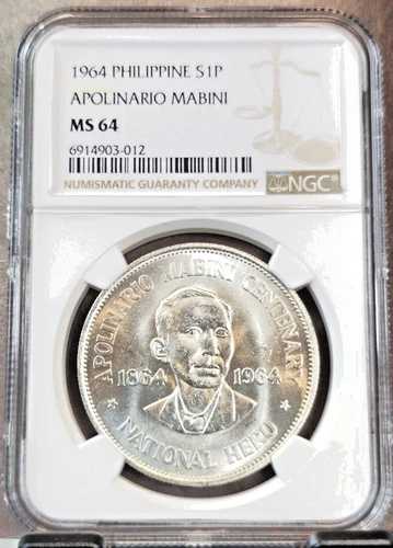 1964 フィリピン シルバー 1 ペソ アポリナリオ マビーニ NGC MS 64 美しい BU コイン
