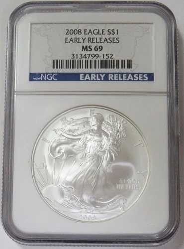 2008年 アメリカン シルバー イーグル 1オンス コイン NGC ミント ステート 69 アーリーリリース ブルーラベル