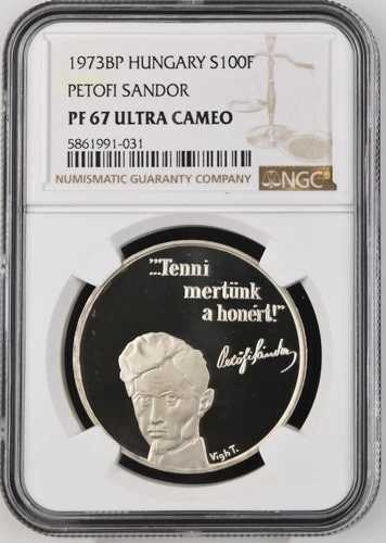 1973-BP ハンガリー 100 フォリント 150 周年記念Sandor Petofi シルバー Km600 NGC PF67UC の