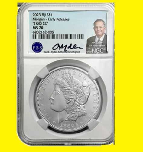 2023年 フィジー 1880-CC モルガン・ダラー NGC MS 70 アーリーリリース デビッド・ライダー直筆サイン入り