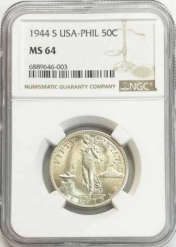 1944年 S シルバー フィリピン 50センタボ 米国政府硬貨 NGC ミント ステート 64