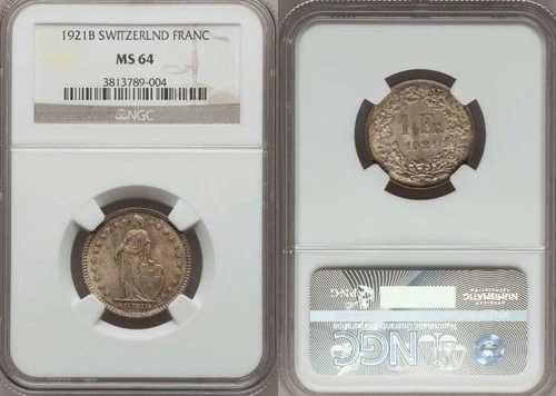 シャンパントーン スイス連邦銀貨 1921B 1フラン NGC MS64