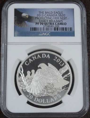 2013年 カナダ 20ドル 白頭ワシ 巣を守る NGC PF 70 銀貨 1オンス .999