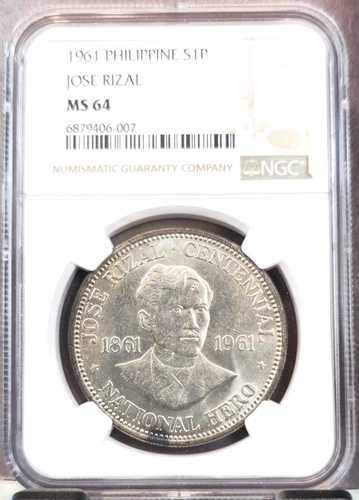 1961年 フィリピン 銀貨 1ペソ ホセ・リサール 国民的英雄 NGC MS 64 ナイスBUコイン