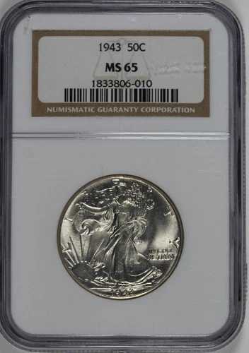1943年ウォーキング・リバティ・ハーフダラー：NGC MS65 ブレイジングホワイト
