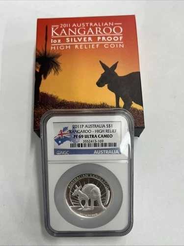 2011-P オーストラリア シルバー 1ドル カンガルー ハイレリーフ NGC PF 69 ウルトラカメオ 1オンス 45,540円
