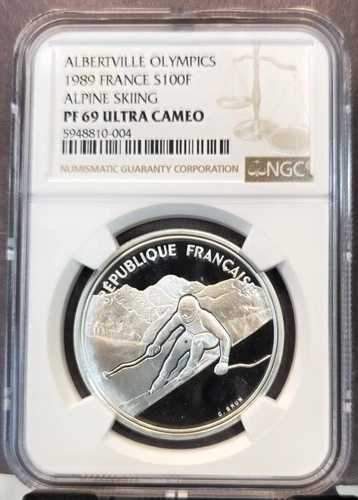 1989年 フランス シルバー 100フラン アルペンスキー NGC PF 69 ウルトラカメオ 希少 トップポップ 45,540円