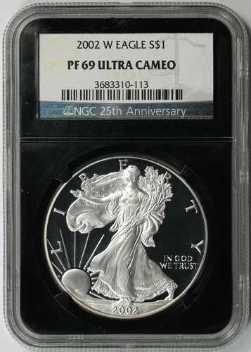 2002-W シルバー イーグル プルーフ PF 69 ウルトラ カメオ $1 NGC ブラック レトロ スラブ 25TH Ann
