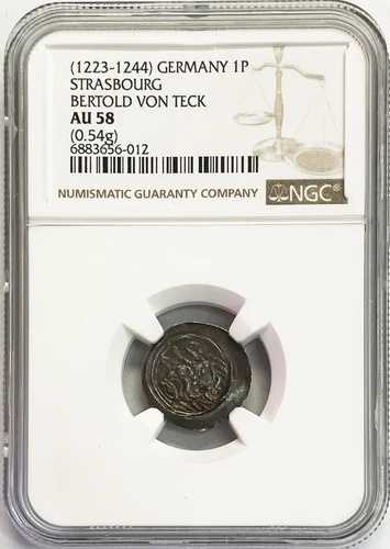 1223-1244年 ストラスブール 銀貨 フェニグ ベルトルト・エン・テック 槌目打ちコイン NGC AU 58