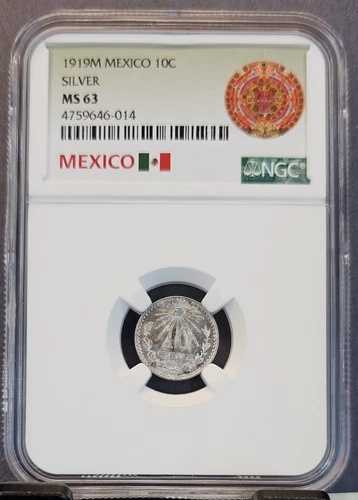 1919年 メキシコ シルバー 10センタボ NGC MS 63 希少 キーデート 高品位 美品