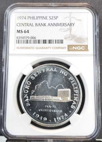 1974 フィリピン シルバー 25 PISO 中央銀行 ANNIV NGC MS 64 希少品 美しい