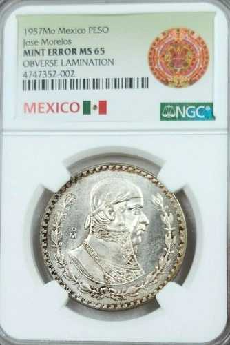 1957 メキシコ シルバー 1 ペソ ホセ モレロス NGC MS 65 ミント エラー 表面ラミネート