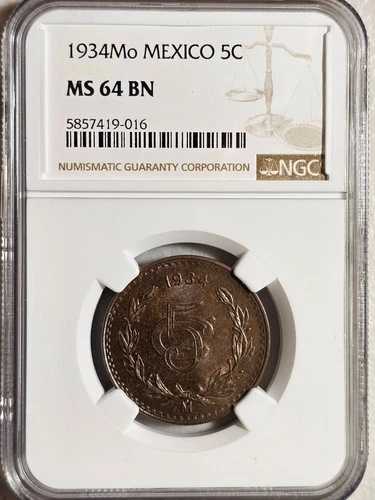 メキシコ 5 センタボス 1934 Mo ニッケル NGC MS 64 BN
