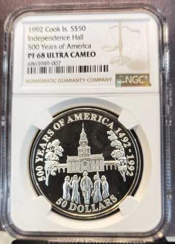 1992年 クック諸島 50ドル銀貨 独立記念館 NGC PF 68 ウルトラカメオトップ