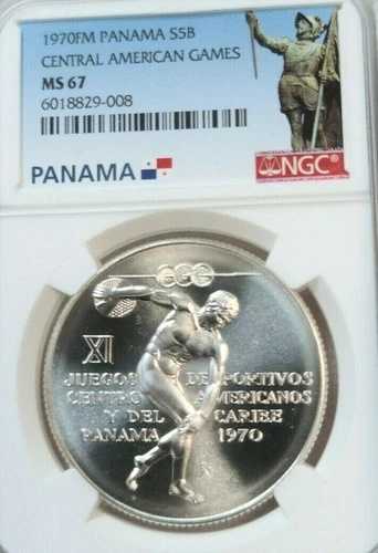 1970年 パナマ シルバー 5バルボア 中央アメリカ競技大会 NGC MS 67 シルキーラスター ジェム