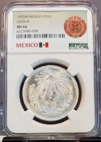 1932年 メキシコ シルバー 1ペソ オープン 9 NGC MS 66 美しい光沢 宝石 BU