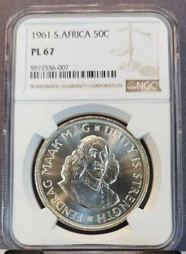 1961年 南アフリカ 銀貨 50セント 団結は力なり NGC PL 67 ブライトジェム BU