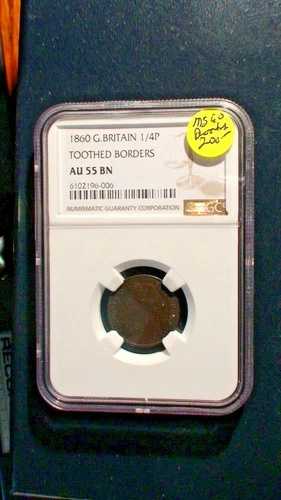 1860 年、イギリス、1/4 ペニー、NGC AU55 BN、歯付き 1/4P コイン、今すぐ販売価格! 45,540円