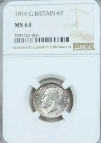 1916年 イギリス 銀貨 6ペンス ジョージ5世 NGC MS 63 素晴らしい光沢 美しい色調