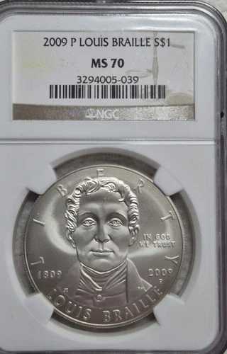 2009年 P ルイ・ブライユ記念銀貨 - NGC MS70。ビデオ SL0263