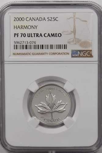 カナダ 2000 25セント銀貨 NGC プルーフ 70 ウルトラカメオ ハーモニーパーフェクト 70 NG1600 c 45,540円