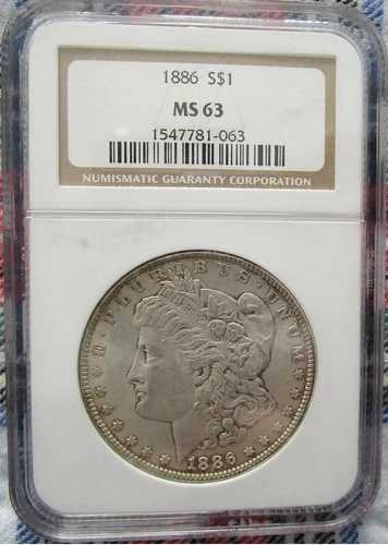 1886年 モーガン 1ドル銀貨。NGC MS63。NGC CERT: 1547781-063。ケース破損 56,100円