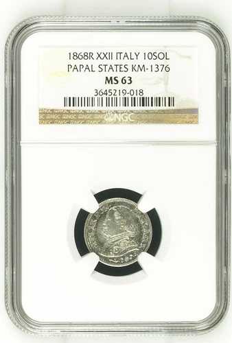 銀貨 1868-R XXII Papal Sates Pius IX Italy 10 Soldi | NGC MS63