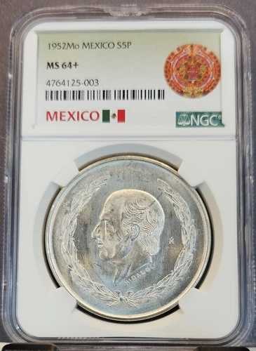 1952年 メキシコ シルバー 5ペソ S5P イダルゴ NGC MS 64+ 滑らかな光沢 宝石 美しい