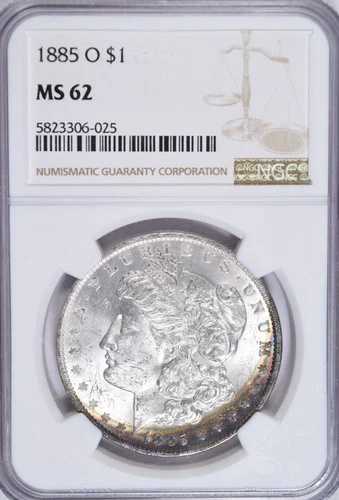 1885-O モルガン・ダラー ~ 美しいレインボー・クレセント・トーニング！ NGC MS62！ INV#025