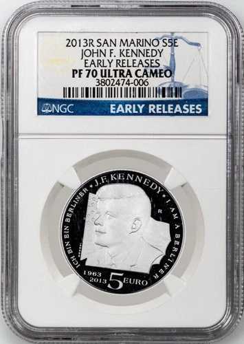 サンマリノ 2013R 5ユーロ、ジョン・F・ケネディ早期リリース - NGC PF 70 ウルトラカメオ