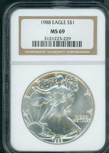 1988 年アメリカン シルバー イーグル S$1 ASE NGC MS69 プレミアム品質 PQ 古いホルダー !!!!