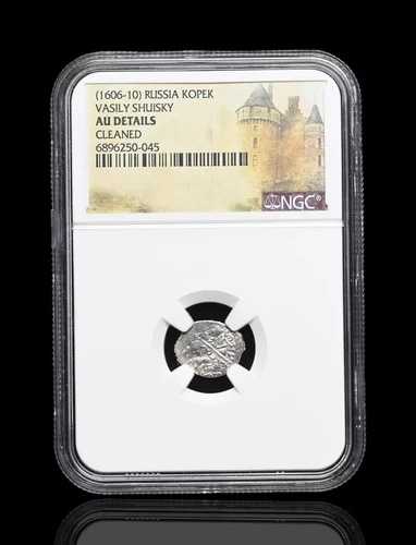 ロシア。ヴァシリー・シュイスキー作（1606-1610年）。銀貨コペイカ、希少、NGC AU詳細