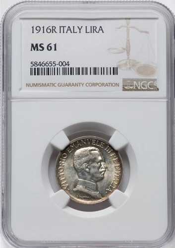 イタリア王国 1916-R 1リラ銀貨 未流通、NGC認定 MS-61