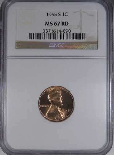 1955-S 1C NGC MS 67 RD リンカーン・ウィート・セント [090]